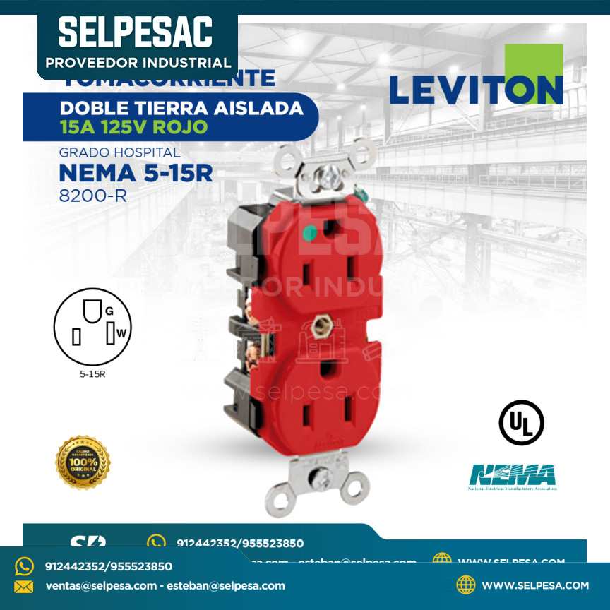LEVITON - TOMACORRIENTE DOBLE TIERRA AISLADA 15A, 125V ROJO GRADO HOSPITAL NEMA 5-15R 8200-R