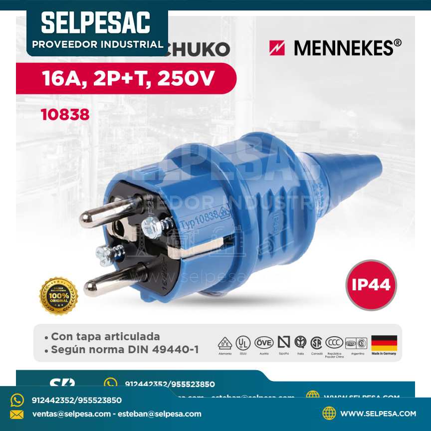 MENNEKES - ENCHUFE SCHUKO 16A,2P+T,250V AZUL - IP44 - 10838