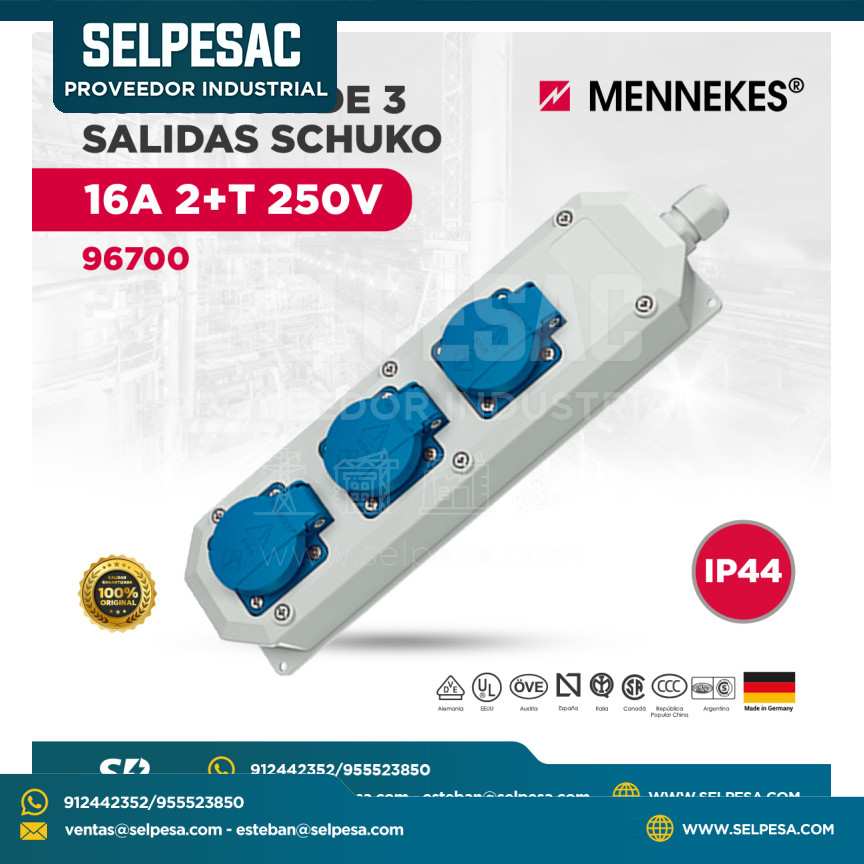 MENNEKES - SUPRESOR DE 3 SALIDAS SCHUKO 16A, 2P+T 250V - IP44 - 96700
