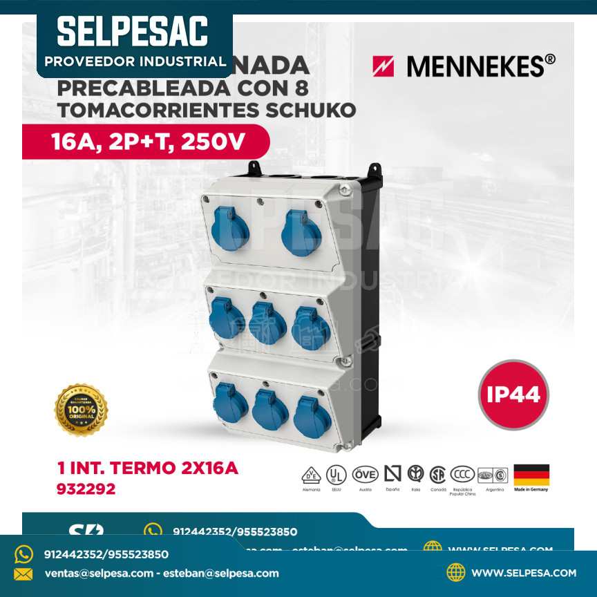MENNEKES - CAJA COMBINADA PRECABLEADA CON 8 TOMACORRIENTES SCHUKO 16A,2P+T,250V IP44