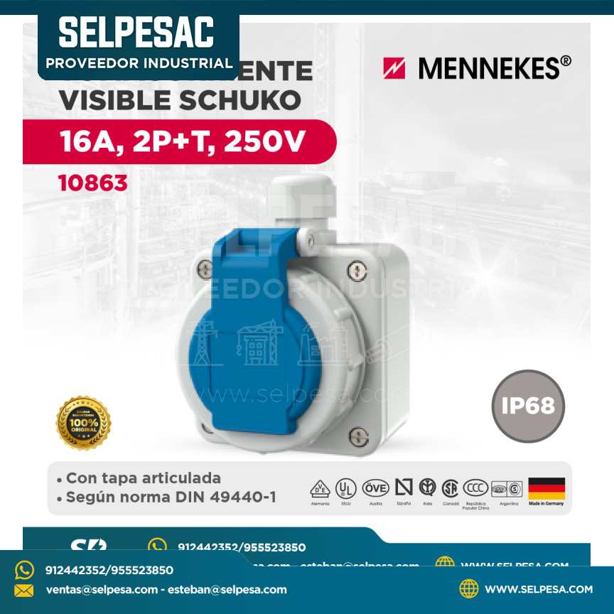 MENNEKES - TOMACORRIENTE VISIBLE SCHUKO 16A, 2P+T, 250V IP68 - 10863