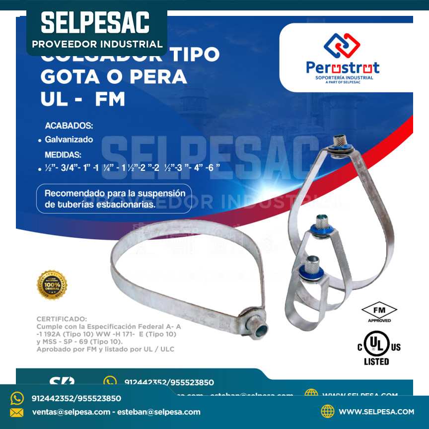 PERUSTRUT - COLGADOR TIPO GOTA O PERA ACERO GALVANIZADO CON UL - FM
