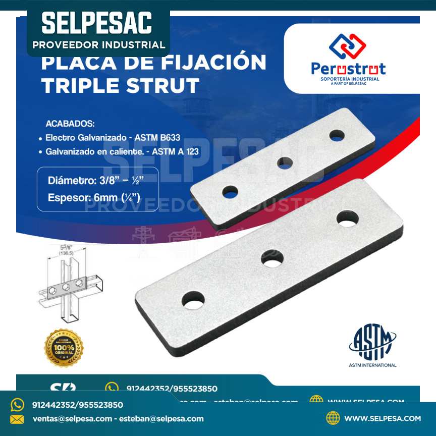 PERUSTRUT - PLACA DE FIJACIÓN TRIPLE STRUT ELECTRO GALVANIZADO ASTM B633 3/8´´ - 1/2´´