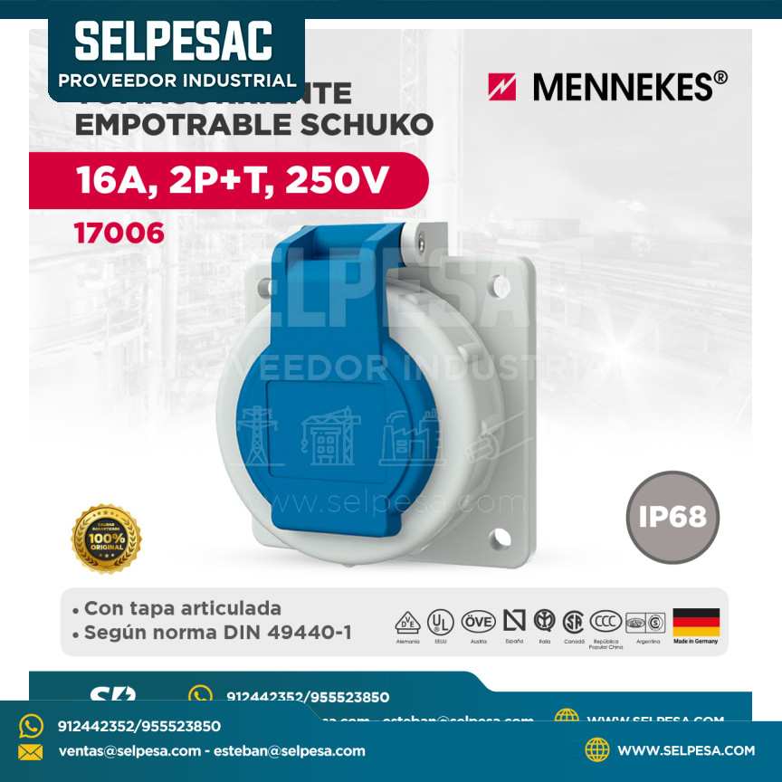 MENNEKES - TOMACORRIENTE EMPOTRABLE SCHUKO 16A, 2P+T, 250V IP68 - 17006