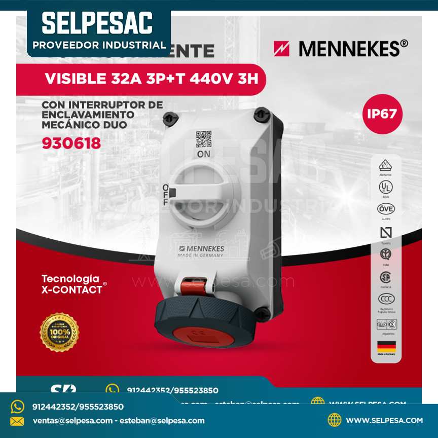 MENNEKES - TOMACORRIENTE VISIBLE 32A 3P+T 440V 3H CON INTERURPTOR DE ENCLAVAMIENTO