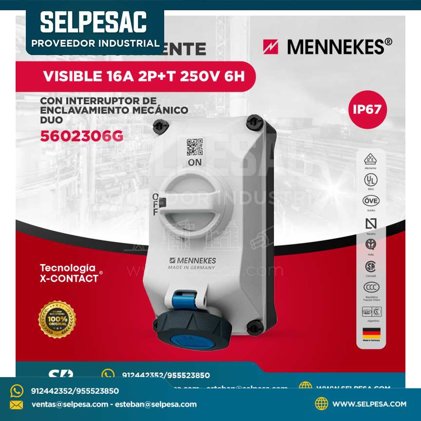MENNEKES - TOMACORRIENTE VISIBLE 16A 2P+T 250V 6H CON INTERRUPTOR DE ENCLAVAMIENTO