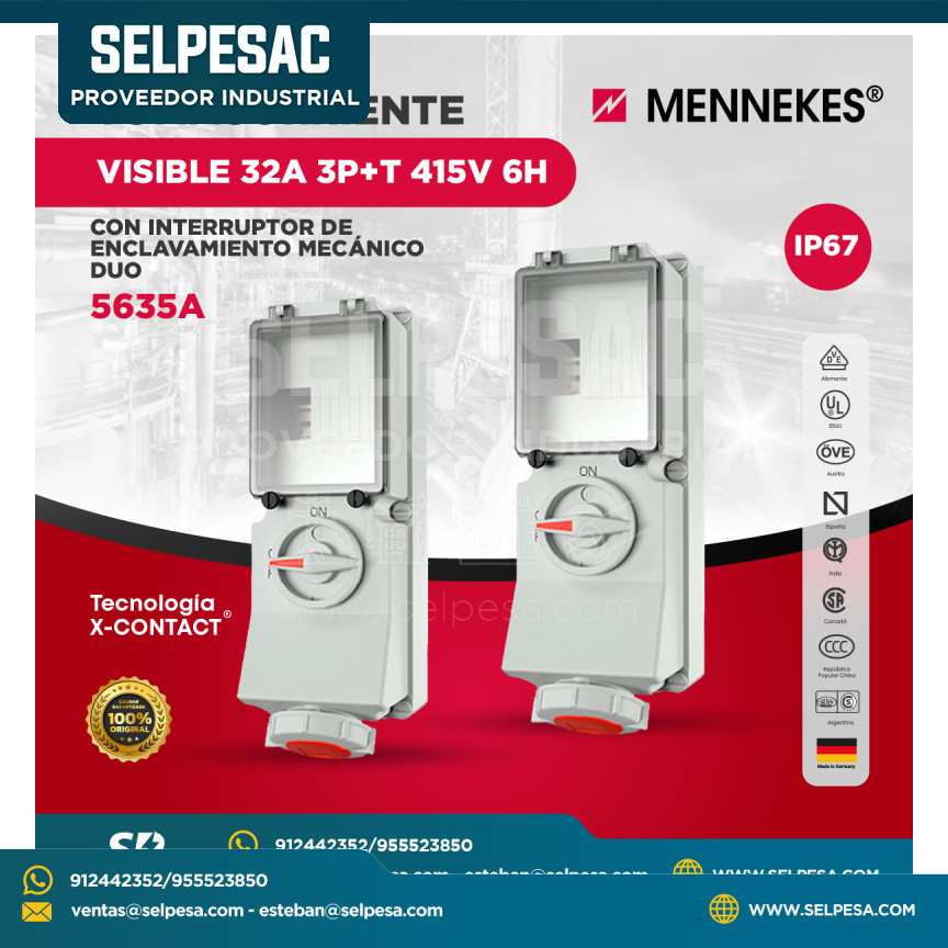 MENNEKES - TOMACORRIENTE VISIBLE 32A 3P+T 415V 6H CON INTERRUPTOR DE ENCLAVAMIENTO MECÁNICO IP 67