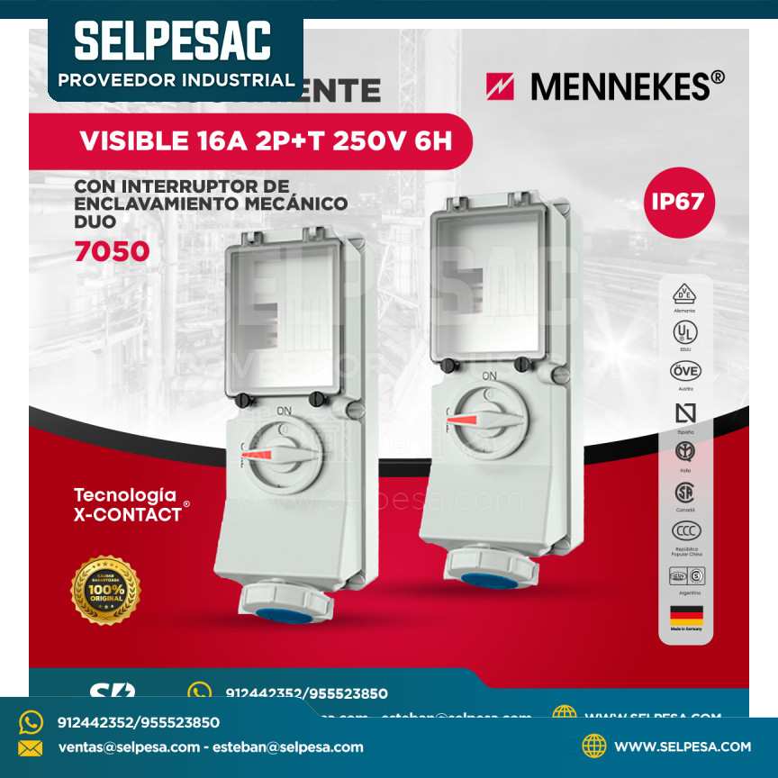 MENNEKES - TOMACORRIENTE VISIBLE 16A 2P+T 250V 6H CON INTERRUPTOR DE ENCLAVAMIENTO MECÁNICO DUO IP 67