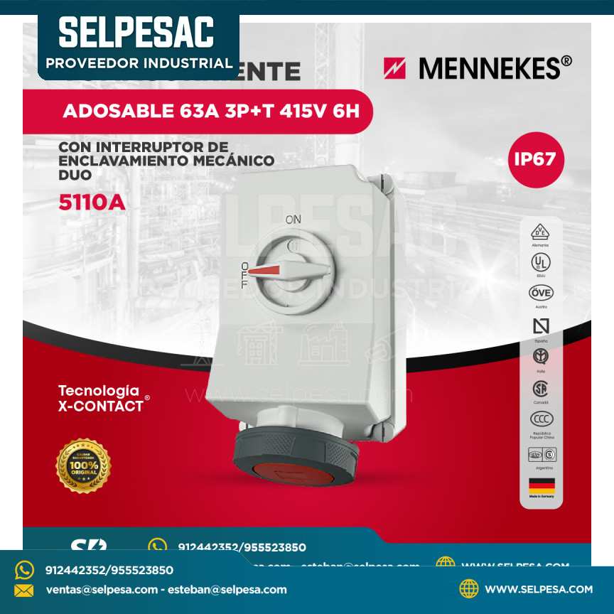 MENNEKES - TOMACORRIENTE ADOSABLE 63A 3P+T 415V 6H CON INTERRUPTOR DE ANCLAVAMIENTO IP67