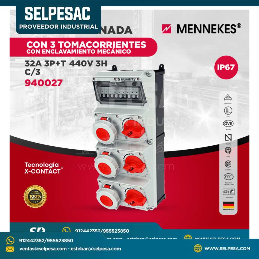 MENNEKES - CAJA COMBINADA CON 3 TOMACORRIENTES CON ENCLAVAMIENTO MECÁNICO 32A 3P+ T 440V 3H C/3 IP 67