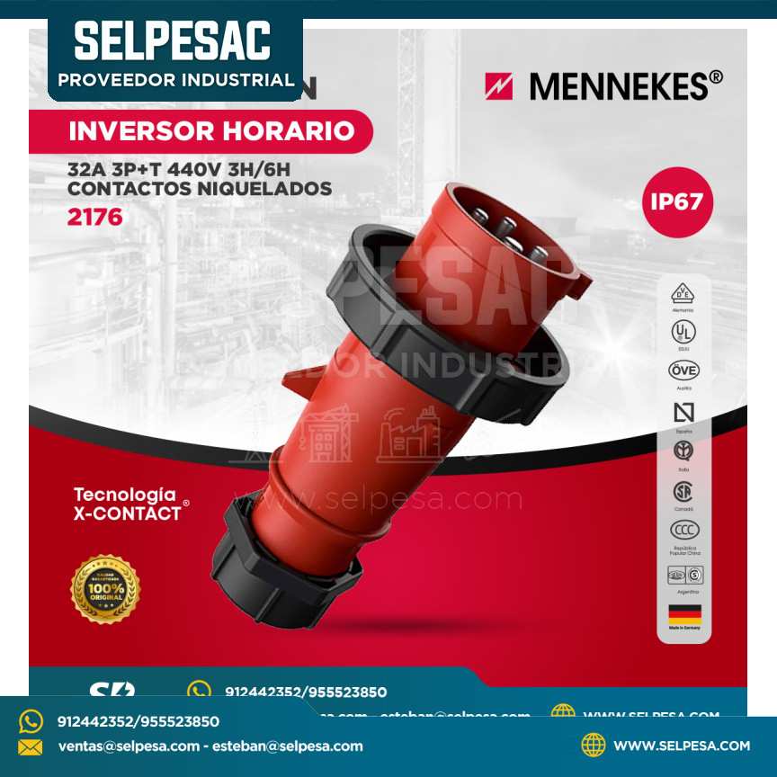 MENNEKES - ENCHUFE CON INVERSOR HORARIO 32A 3P+T 440V 3H-6H CONTACTOS NIQUELADOS IP67