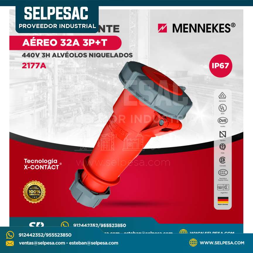 MENNEKES - TOMACORRIENTES AÉREO 32A 3P+T 440V 3H ALVÉOLOS NIQUELADOS  IP67