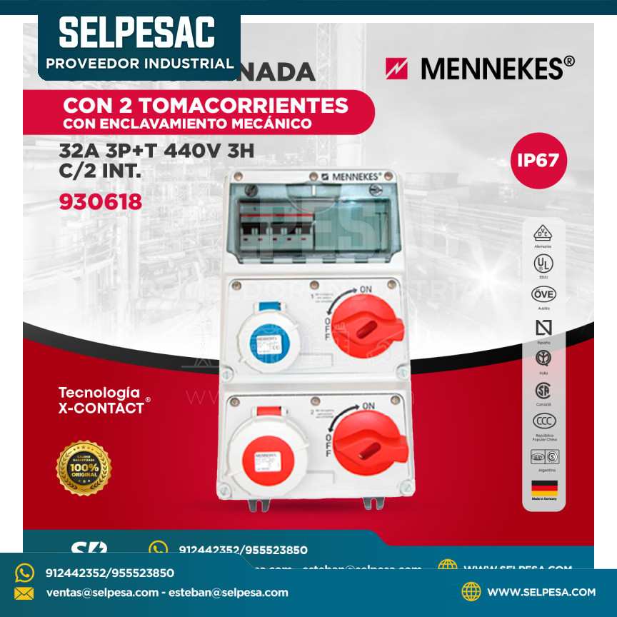 MENNEKES - CAJA COMBINADA CON 2 TOMACORRIENTES 32A 3P+T 440V 3H C/2 INT. IP67