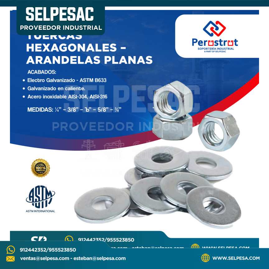 PERUSTRUT - TUERCAS HEXAGONALES ARANDELAS PLANAS ELECTRO GALVANIZADO ASTM B633