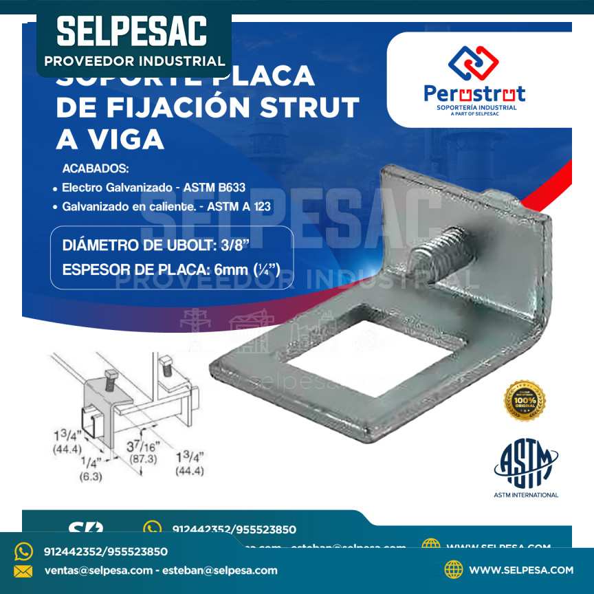 PERUSTRUT - SOPORTE PLACA DE FIJACIÓN STRUT A VIGA ELECTRO GALVANIZADO ASTM 3/8´´