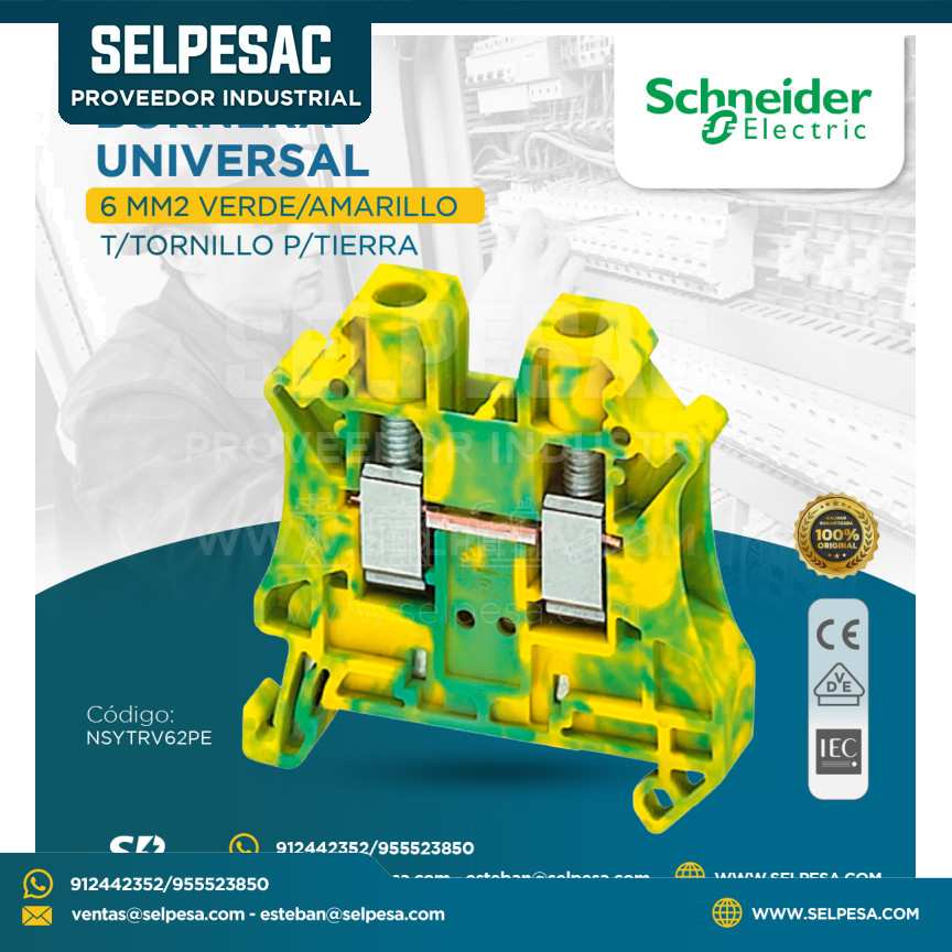 SCHNEIDER - BORNERA UNIVERSAL 6MM2 VERDE/AMARILLO T/TORNILLO P/TIERRA - NSYTR62PE