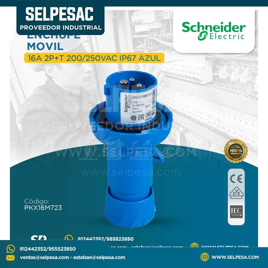 SCHNEIDER -  ENCHUFE MÓVIL 16A 2P+T 200-250VAC IP67 AZUL - PKX16M723