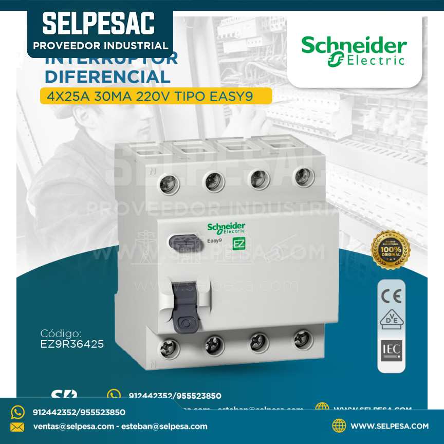SCHNEIDER  - INTERRUPTOR DIFERENCIAL 4X25A 30MA 220V TIPO EASY 9 - EZ9R36425