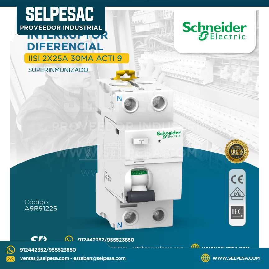 SCHNEIDER - INTERRUPTOR DIFERENCIAL IISI 2X25A 30MA ACTI 9 SUPERINMUNIZADO - A9R91225