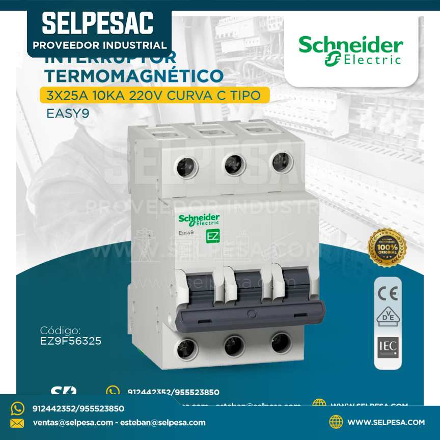 SCHNEIDER - INTERRUPTOR TERMOMAGNÉTICO 3X25A 10KA 220V CURVA C TIPO EASY9 - EZ9F56325
