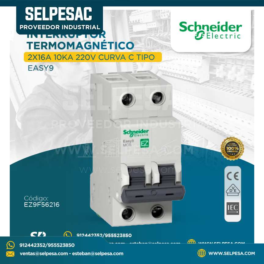 SCHNEIDER - INTERRUPTOR TERMOMÁGNETICO 2X16A 10KA 220V CURVA C TIPO EASY9 - EZ9F56216