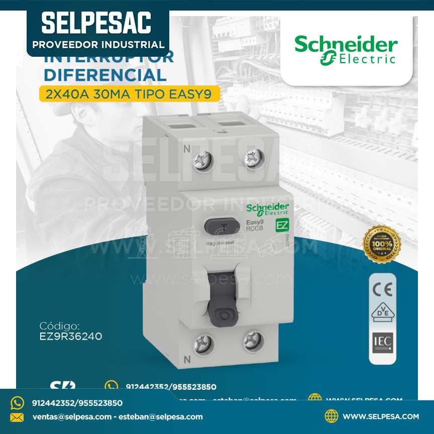 SCHNEIDER - INTERRUPTOR DIFERENCIAL 2X40A 30MA TIPO EASY 9 - EZ9R36240