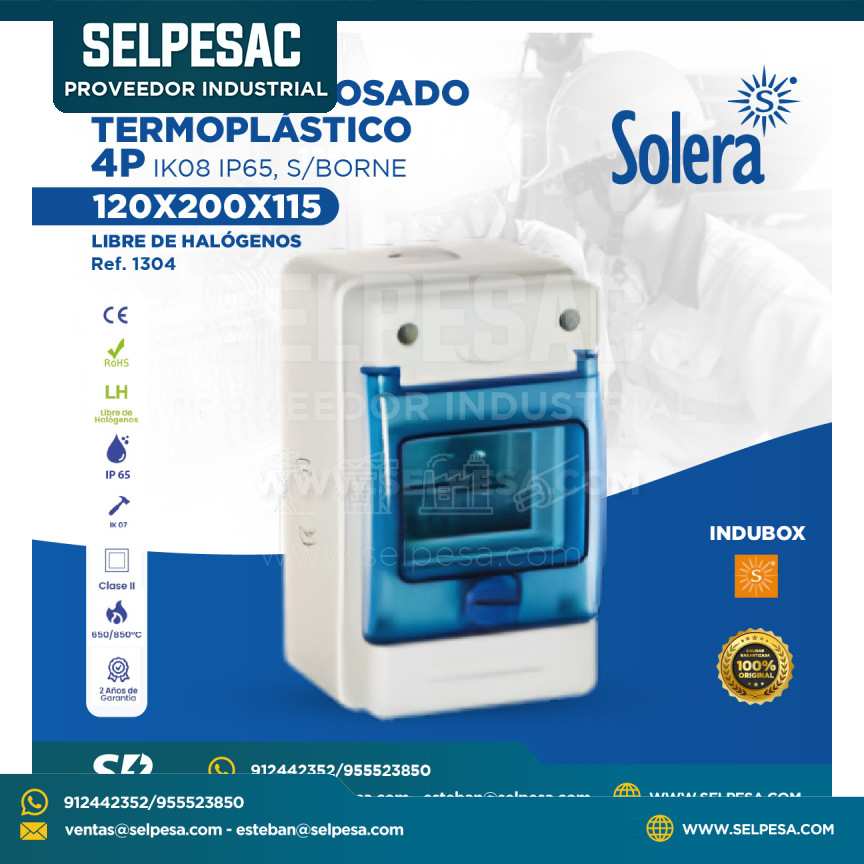 SOLERA -  TABLERO ADOSADO TERMOPLÁSTICO 4P IK08 IP65 S/BORNE 120X200X115 LIBRE DE HALÓGENOS - 1304