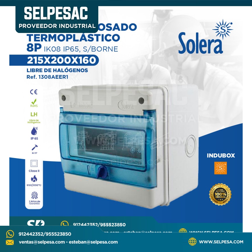 SOLERA -  TABLERO ADOSADO TERMOPLÁSTICO 8P IK08 IP65 S/BORNE 215X200X160 LIBRE DE HALÓGENOS - 1308AEER1