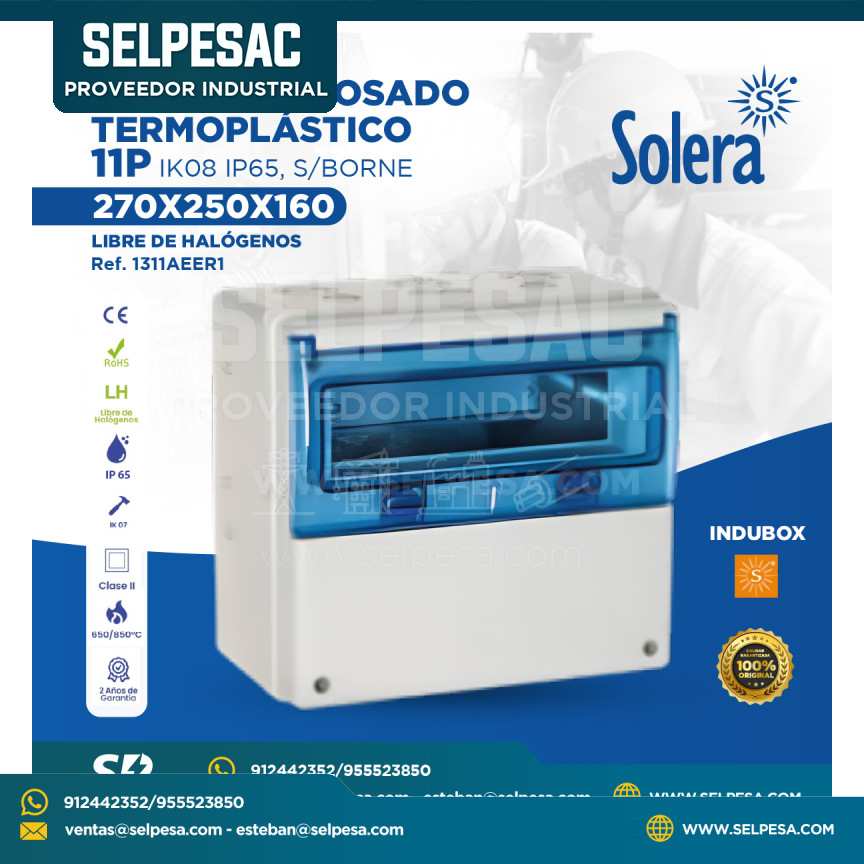 SOLERA -  TABLERO ADOSADO TERMOPLÁSTICO 11P IK08 IP65 S/BORNE 270X250X160 LIBRE DE HALÓGENOS - 1311AEER1