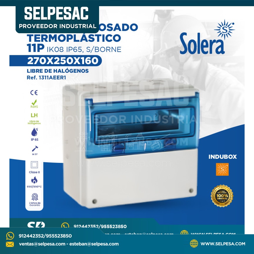 SOLERA -  TABLERO ADOSADO TERMOPLÁSTICO 11P IK08 IP65 S/BORNE 270X250X160 LIBRE DE HALÓGENOS - 1311AEER1