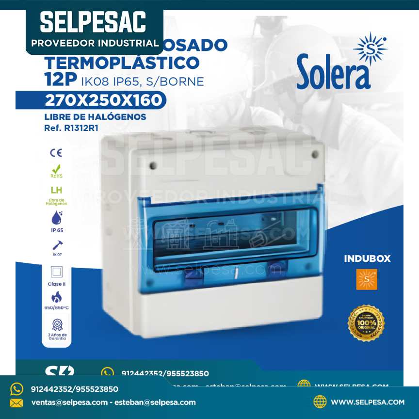 SOLERA -  TABLERO ADOSADO TERMOPLÁSTICO 12P IK08 IP65 S-BORNE 270X250X160 LIBRE DE HALÓGENOS - R1312R1