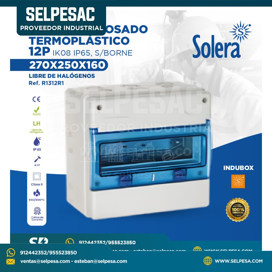SOLERA -  TABLERO ADOSADO TERMOPLÁSTICO 12P IK08 IP65 S-BORNE 270X250X160 LIBRE DE HALÓGENOS - R1312R1