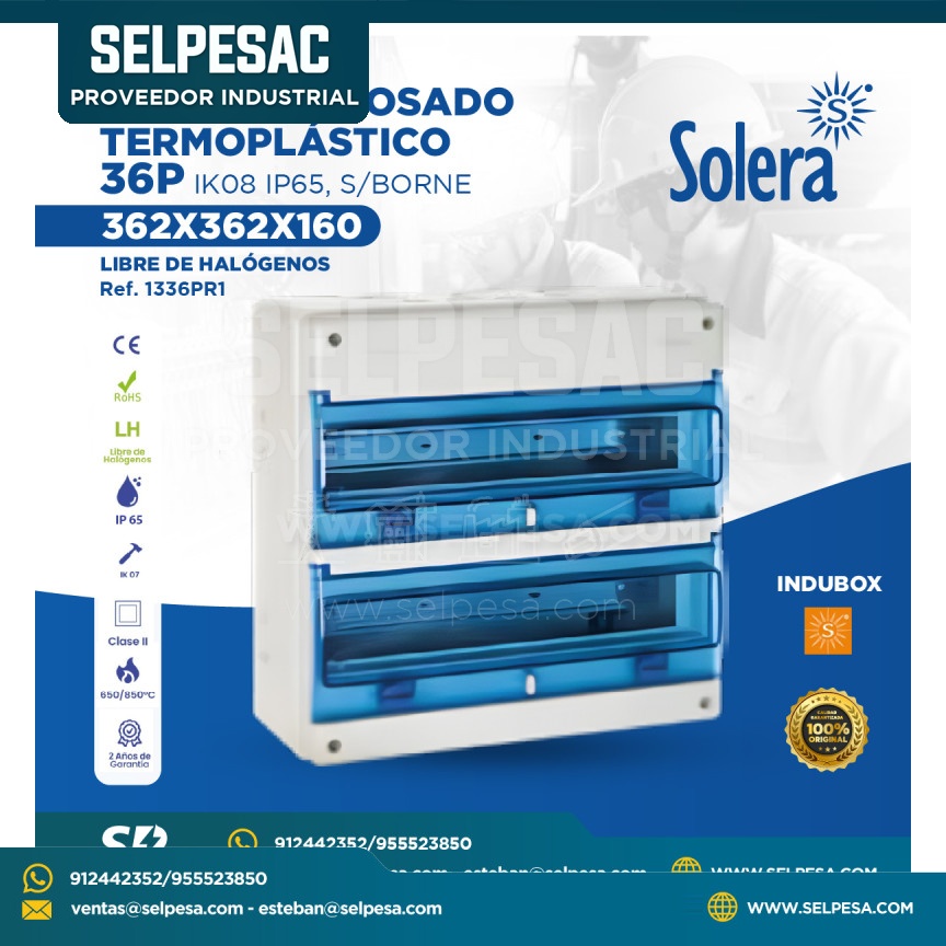 SOLERA -  TABLERO ADOSADO TERMOPLÁSTICO 36P IK08 IP65 S/BORNE 362x362x160 LIBRE DE HALÓGENOS - 1336PR1