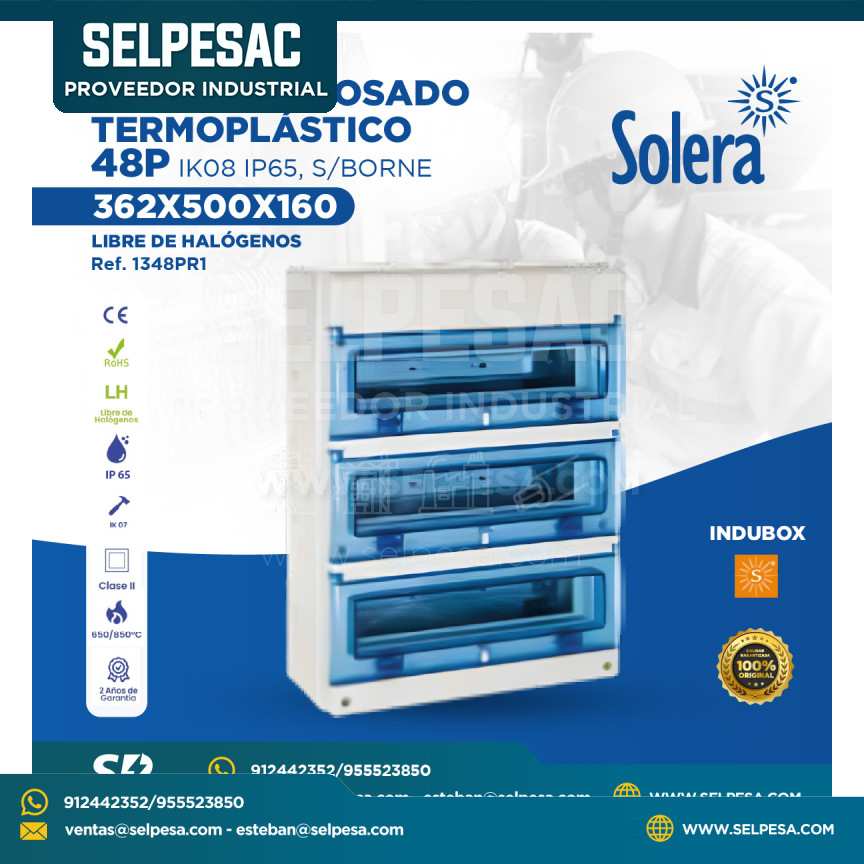 SOLERA -  TABLERO ADOSADO TERMOPLÁSTICO 48P IK08 IP65 S/BORNE 362x500x160 LIBRE DE HALÓGENOS - 1348PR1