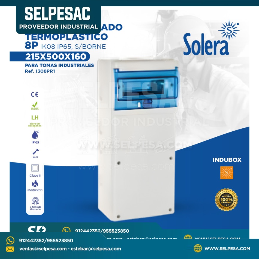 SOLERA - TABLERO ADOSADO TERMOPLÁSTICO 8P IK08 IP65 S/BORNE 215x500x160 - TOMAS INDUSTRIALES - 1308PR1