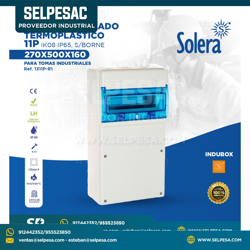 SOLERA - TABLERO ADOSADO TERMOPLÁSTICO 11P IK08 IP65 S/BORNE 270X500X160 - TOMAS INDUSTRIALES - 1311P-R1