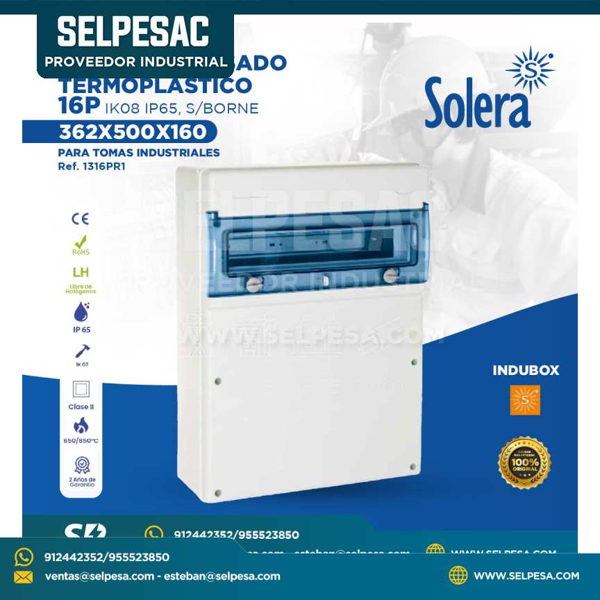 SOLERA - TABLERO ADOSADO TERMOPLÁSTICO 16P IK08 IP65 S/BORNE 362X500X160 - TOMAS INDUSTRIALES - 1316PR1