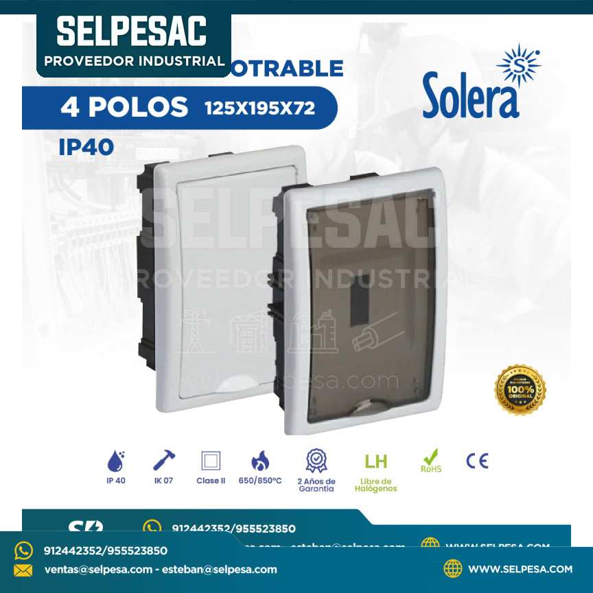 SOLERA - TABLERO EMPOTRABLE 4 POLOS 125X195X72 IP40 IK07 ROHS CE - LIBRE DE HALÓGENOS