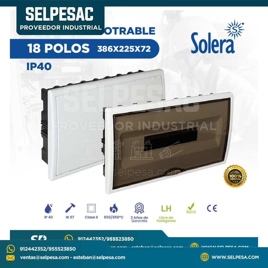 SOLERA - TABLERO EMPOTRABLE 18 POLOS 386X225X72 IP40 IK07 ROHS - CE - LIBRE DE HALÓGENOS