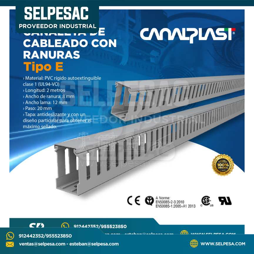 CANALPLAST - CANALETA DE CABLEADO CON RANURAS TIPO E - PVC UL ROHS 2MTS - RANURA 8MM