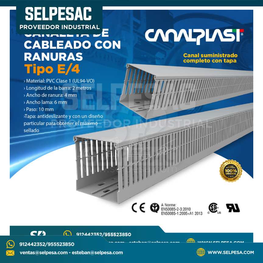CANALPLAST - CANALETA DE CABLEADO CON RANURAS TIPO E/4 - PVC 2MTS - RANURA 4MM UL ROHS