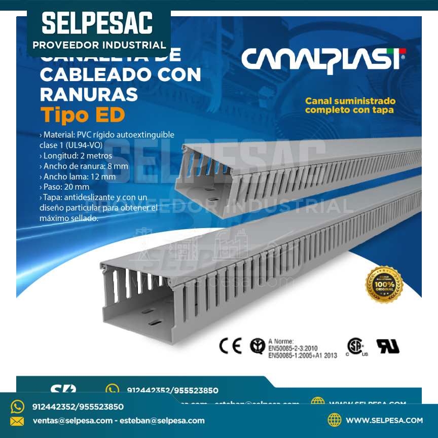 CANALPLAST - CANALETA DE CABLEADO CON RANURAS TIPO ED - PVC 2MTS - RANURA 8MM UL ROHS
