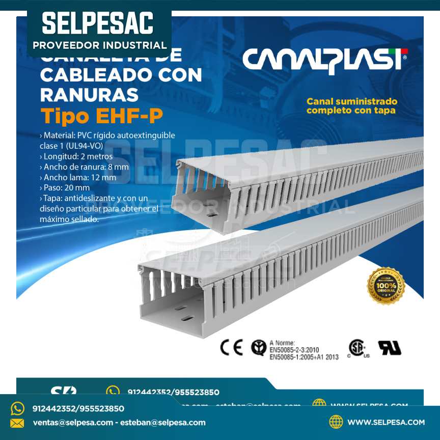 CANALPLAST - CANALETA DE CABLEADO CON RANURAS TIPO EHF-P - PVC  2MTS - RANURA 8MM UL ROHS