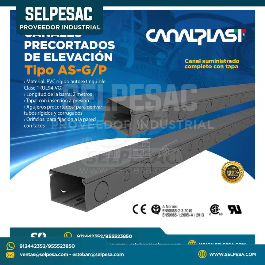 CANALPLAST - CANALETA DE CABLEADO PRECORTADO DE ELEVACIÓN TIPO AS-G/P - PVC UL 2MTS