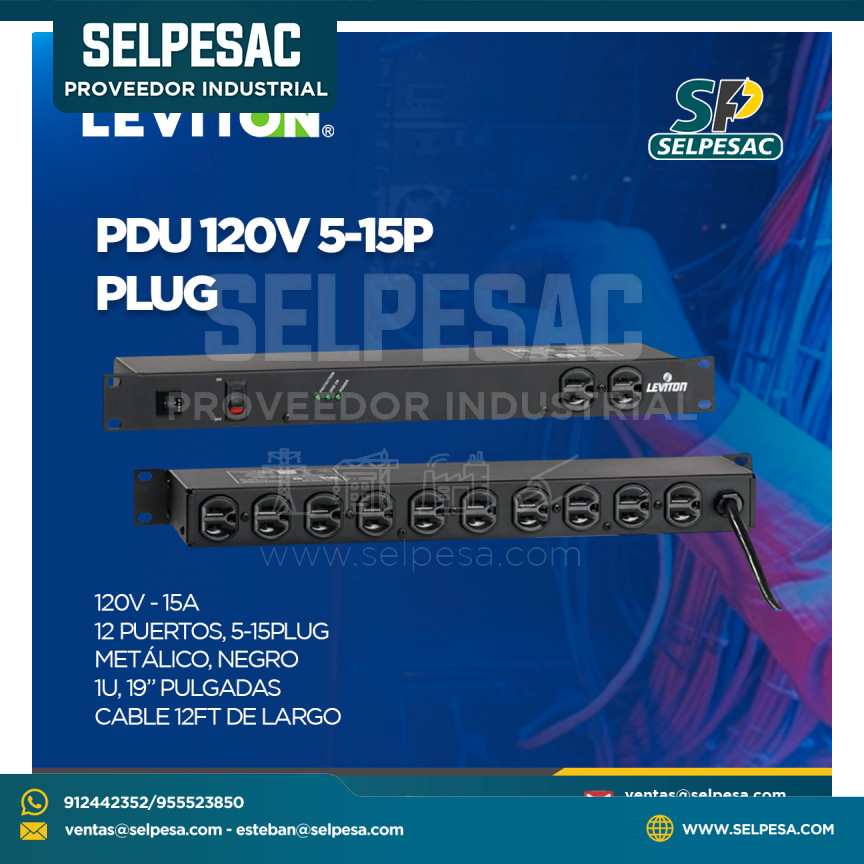 LEVITON - UNIDAD DE DISTRIBUCIÓN PDU 120V 5-15P PLUG 12 PUERTOS METÁLICO - NEGRO