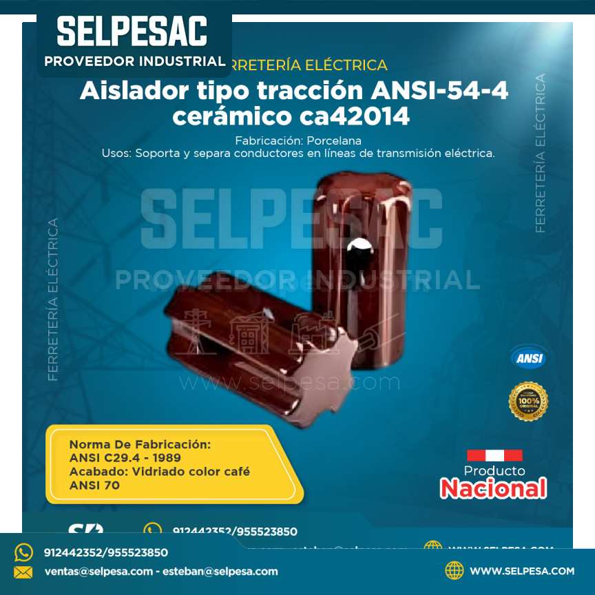 FERRETERÍA ELECTRICA NACIONAL - AISLADOR TIPO TRACCIÓN ANSI-54-4 CERÁMICO CA2014 DE PORCELANA
