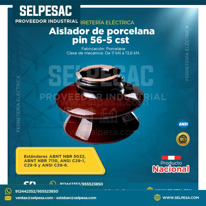 FERRETERÍA ELECTRICA NACIONAL - AISLADOR DE PORCELANA PIN 56-5 CST DE PORCELANA