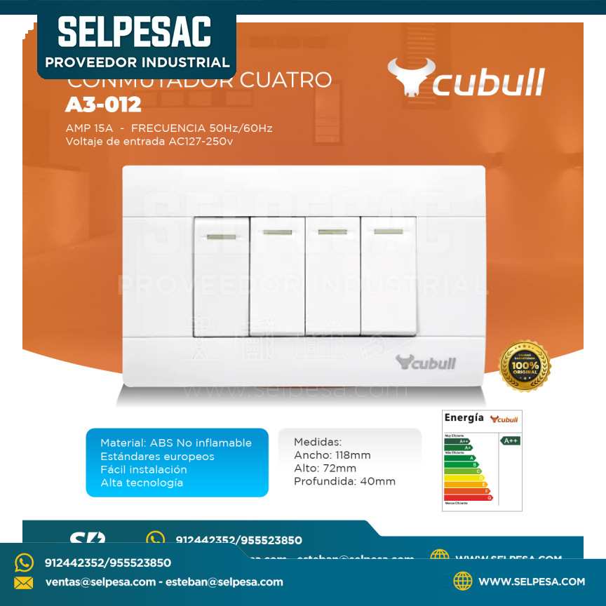 CUBULL - CONMUTADOR CUADRUPLE A3-012 - 15A AMP AC127-250V FREC. 50/60HZ  - ABS CE