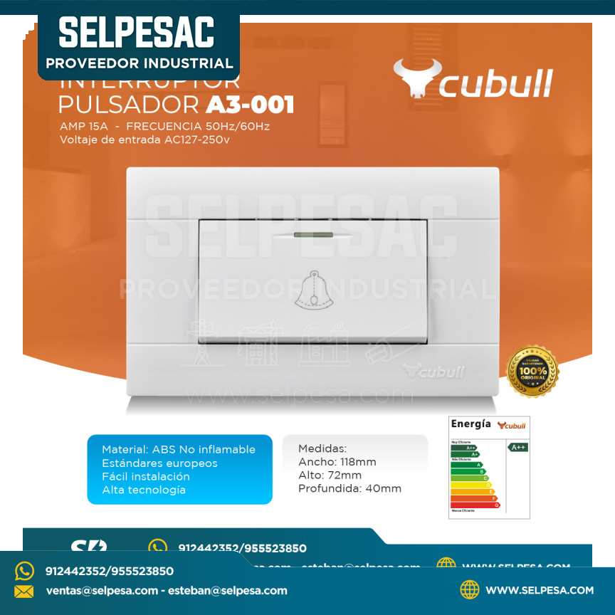 CUBULL - INTERRUPTOR PULSADOR A3-001 15A AMP AC127-250V FREC. 50/60HZ  - ABS CE