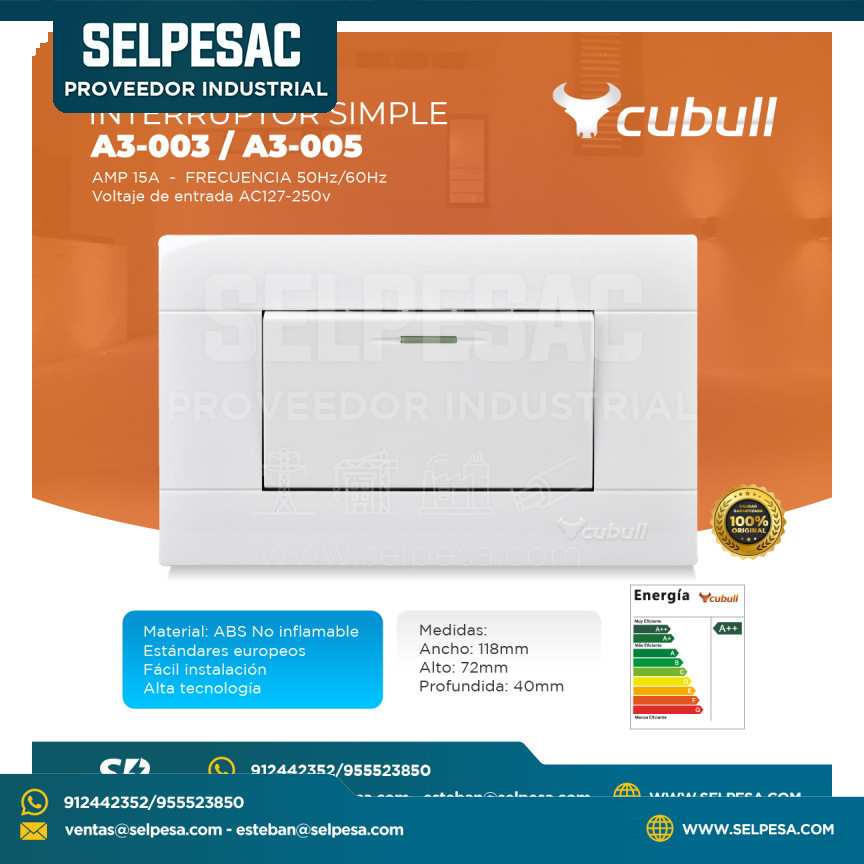 CUBULL - INTERRUPTOR SIMPLE A3-003  15A AMP AC127-250V FREC. 50/60HZ  - ABS CE